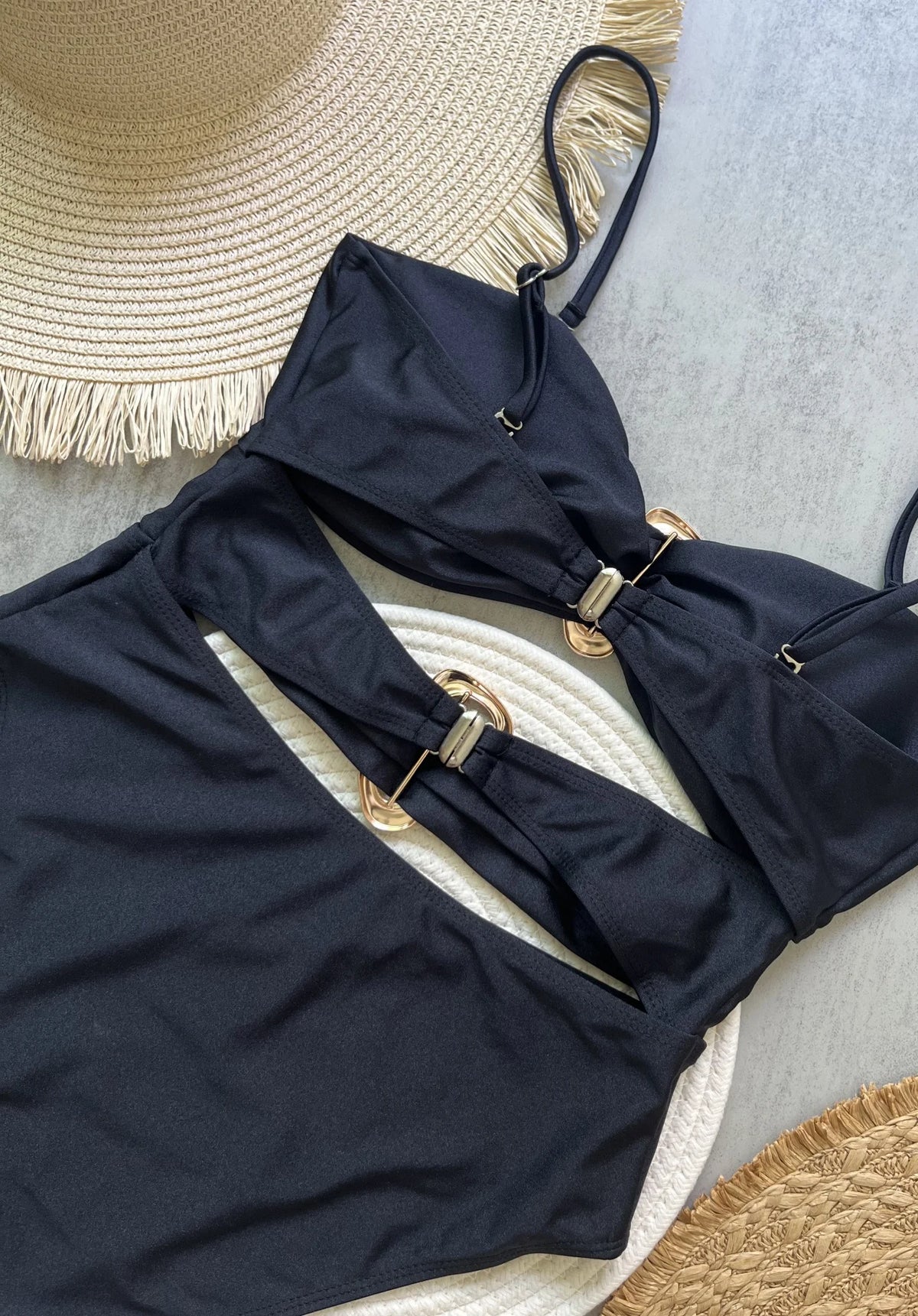 Sexy Metal Rings Cut Out Swimwear One Piece Swimsuit High Leg Cut Bather Bathing Suit