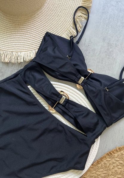 Sexy Metal Rings Cut Out Swimwear One Piece Swimsuit High Leg Cut Bather Bathing Suit