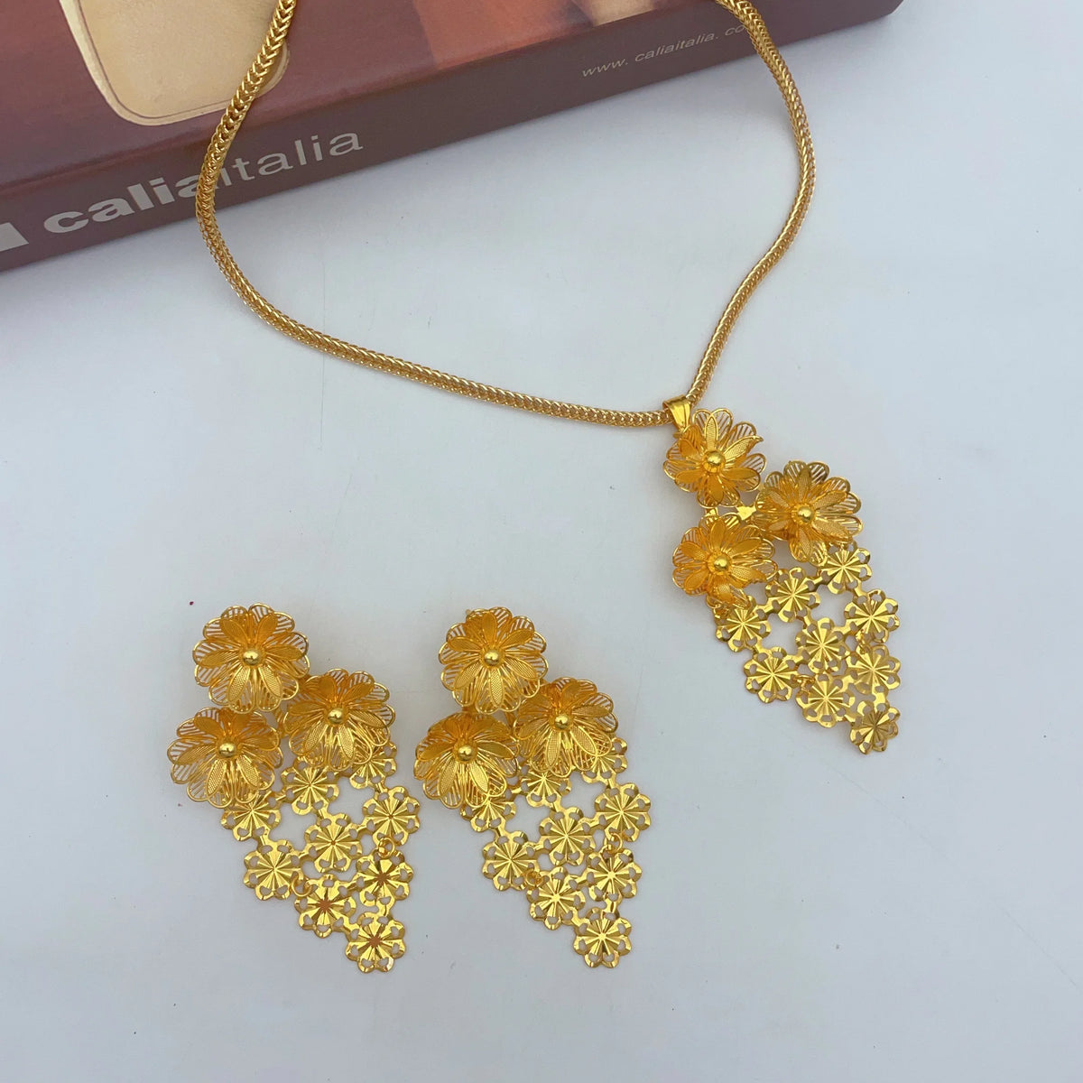 Indian 24k Gold Color Bridal Ethiopian Africa Flower Dubai Necklace Earrings Jewelry afSets