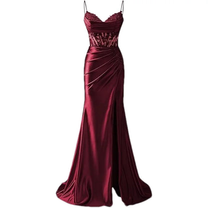 Lace Appliques Satin Prom Women w/ Slit Spaghetti Strap Backless Long Mermaid Evening Formal Dress Gown