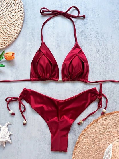 Solid Color Bikini Swimsuit Hanging Neck Rope Split Swimsuit 2-piece Beachwear Suit