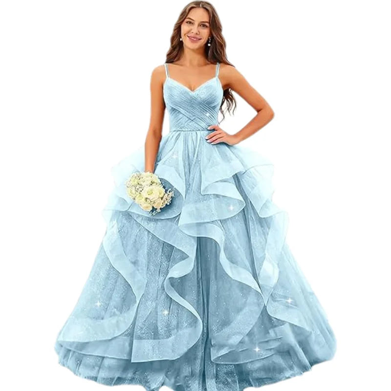 Sparkly Tulle Long Prom Spaghetti Straps Ball Glitter Tulle A-line Formal Evening Party Gown Dress