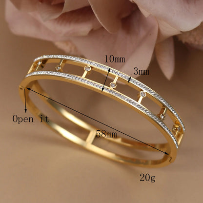 Women Stainless Steel Cross Small Zircon Round Charm Crystal Bangle Bracelet
