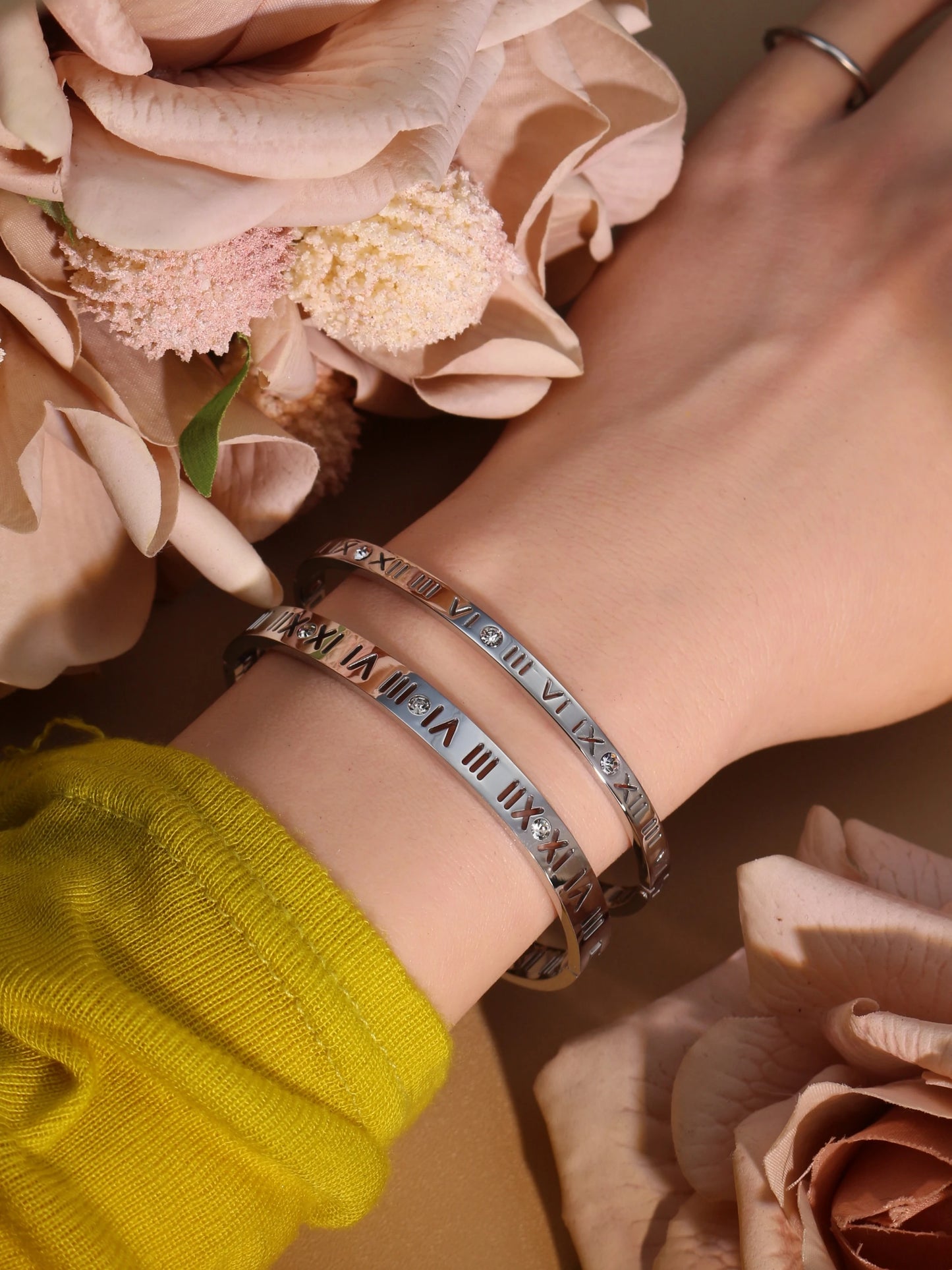 Stainless Steel 18K gold plated Roman Numeral Bracelet Bangles Ring 2-in-1 Jewelry