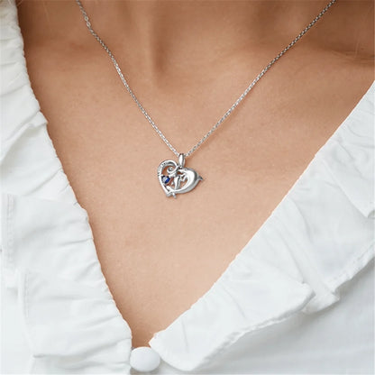 Women Creative Heart Shape Double Dolphin Blue Crystal Pendant Necklace