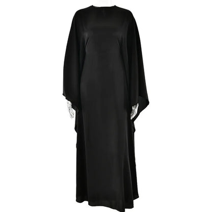 Women Satin Cloak Long Sleeve Loose Kaftan Fashion O Neck Long Dress