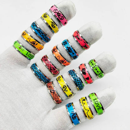 20pcs/Lot Wholesale Mix Style Colorful Luminous Glow Ring Wide Stainless Steel Fluorescent Finger Rings