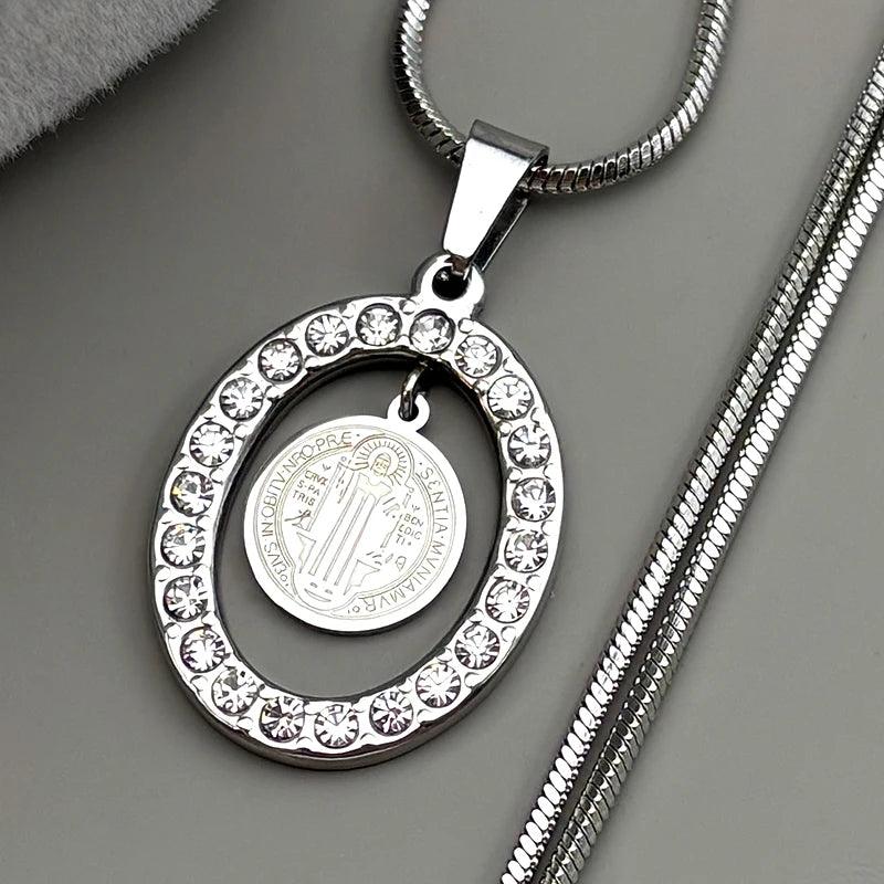 Women Men Catholic Saint Benedict Snake Stainless Steel Rhinestone Gold Color Medal Chain Necklace