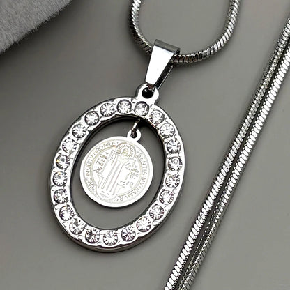 Women Men Catholic Saint Benedict Snake Stainless Steel Rhinestone Gold Color Medal Chain Necklace