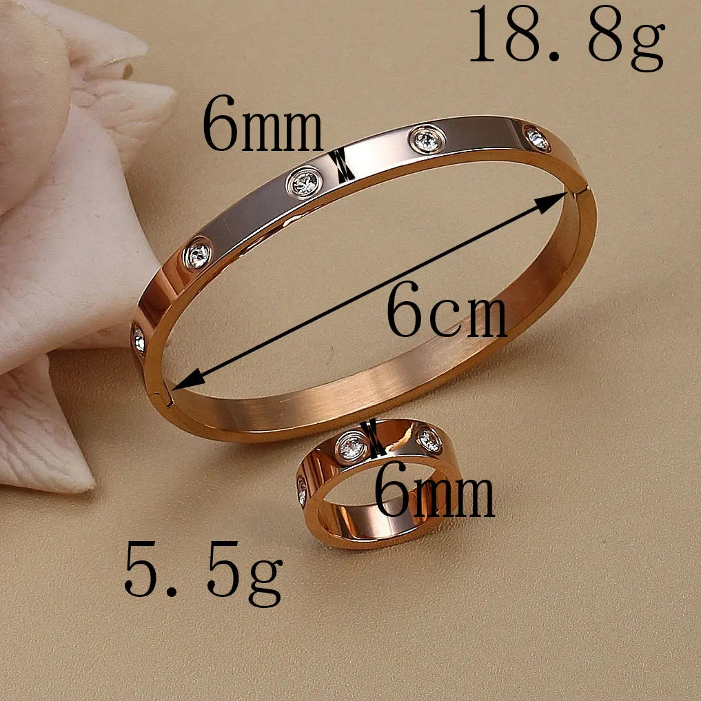 2-in-1 Women 18K Gold-Plated Stainless Steel Bracelet Ring Jewelry Set.