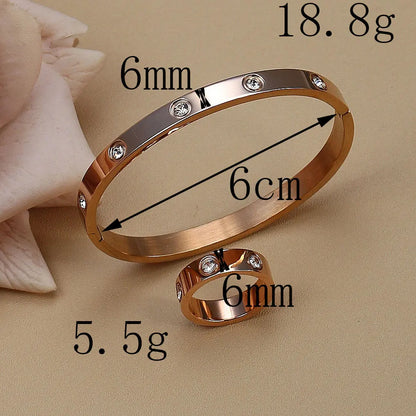 2-in-1 Women 18K Gold-Plated Stainless Steel Bracelet Ring Jewelry Set.