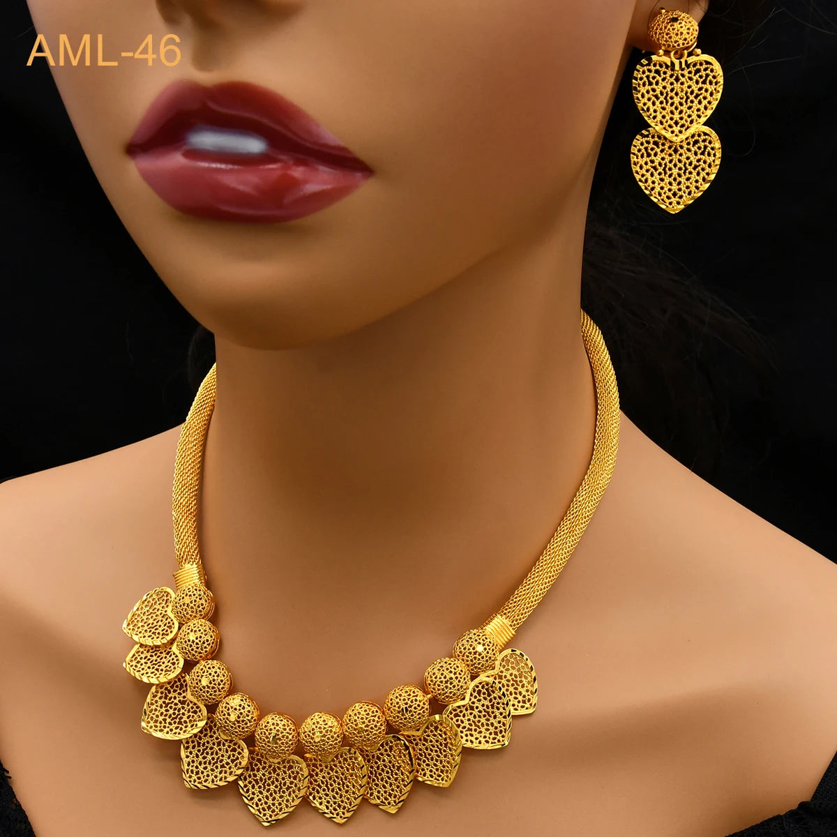 Dubai 24K Gold Plated Women Heart African Indian Bridal Wedding Necklace Earrings Jewelry Set