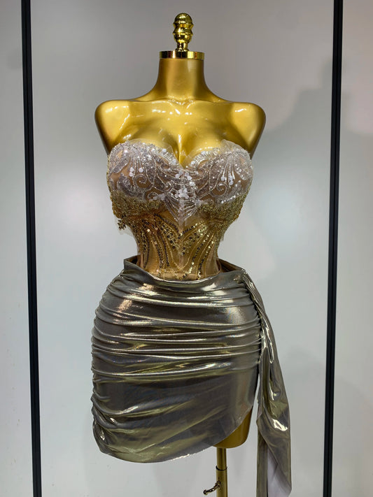 Sexy Strapless Sequins Rhinestone Gold Dress Glitter Two Pieces Birthday Evening Party Night Dress