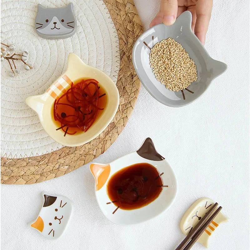 Tiny Japanese Cute Cat Creative Ceramic Dish Porcelain Dipping Saucer Snack Plate Tableware