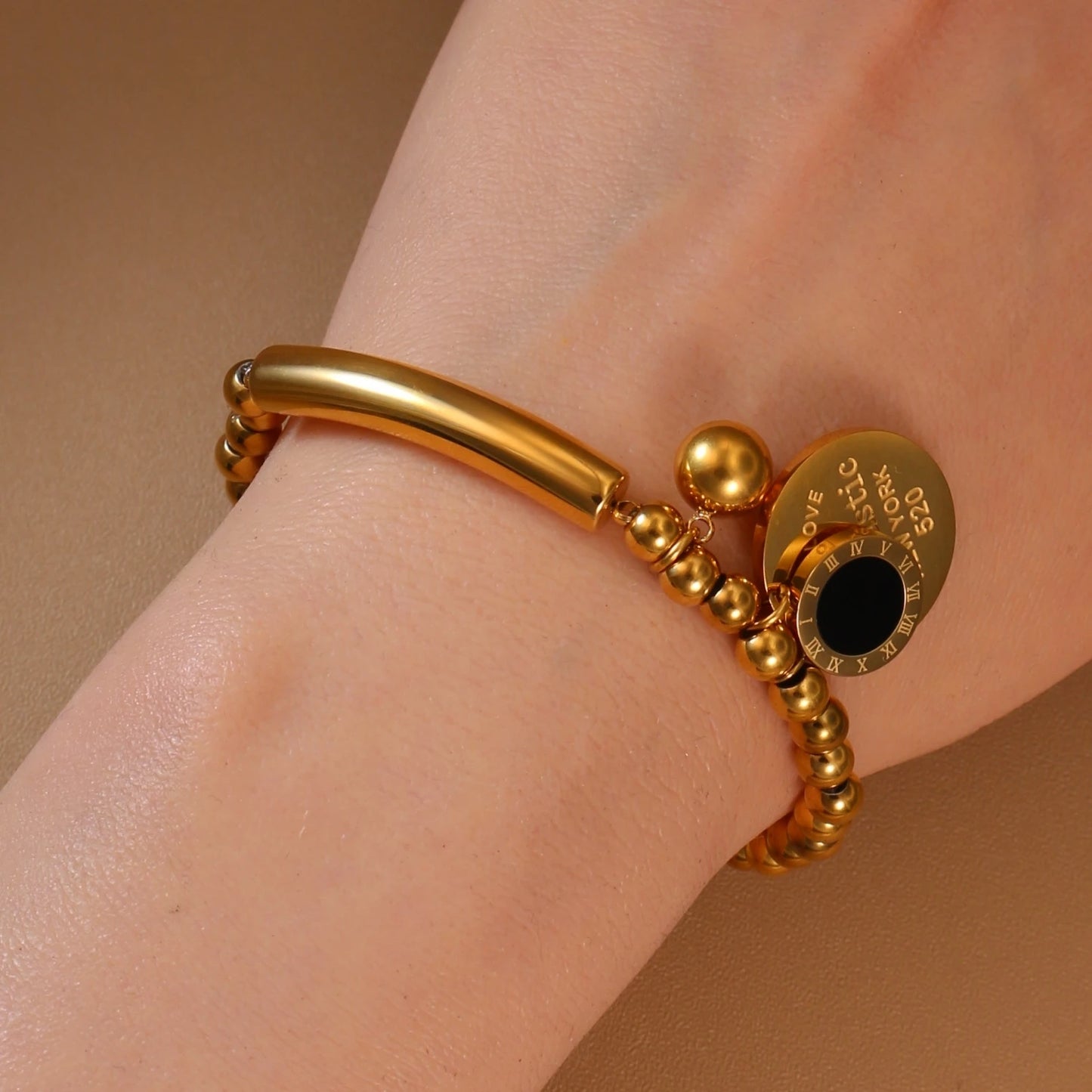 Luxury Women Roman Numeral Bead 18K Gold-Plated Stainless Steel Bangle Bracelet