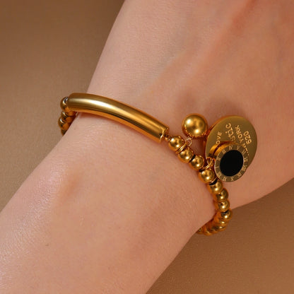 Luxury Women Roman Numeral Bead 18K Gold-Plated Stainless Steel Bangle Bracelet