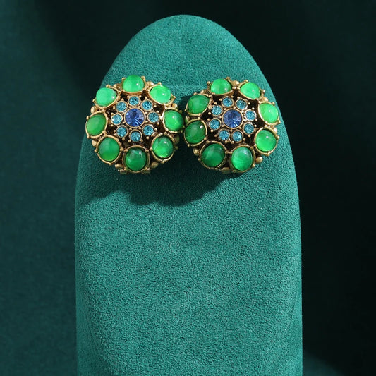 Vintage Crystal Round Oval Green Glazed Petal Women Flower Antique Stud Earrings