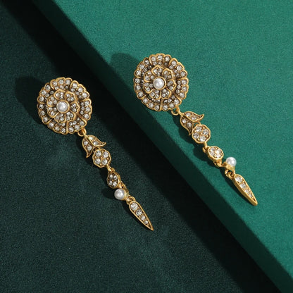 Vintage Luxury Camellia Rose Flower Designer White Rhinestones Layer Antique Indian Long Drop Dangle Earrings