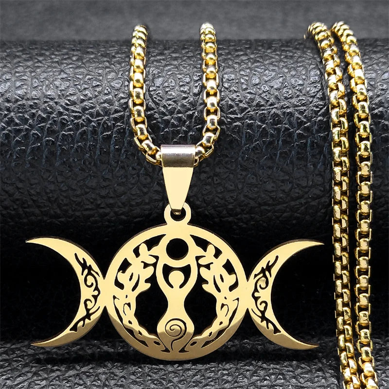 Women Men Stainless Steel Silver Color Amulet Witch Triple Moon Goddess Luna Necklace