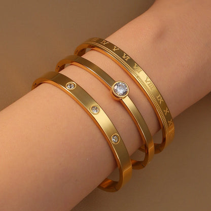 Women Roman Numeral 18k Gold Color Stainless Steel Zircon Bracelet Bangles