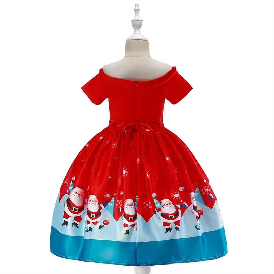 Kids Girls Princess Cartoon Santa Claus Snowflake Costume Xmas Party Print Dress