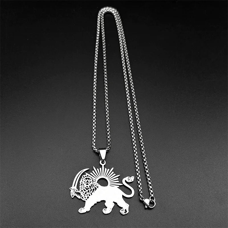 Women Men Stainless Steel Gold Color Arabic Iran Islamic Sword Lion of Persia Shamshir Pendant Necklace