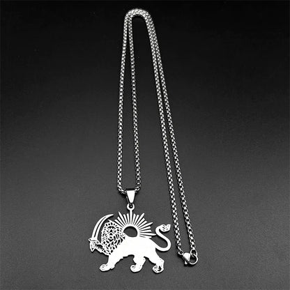 Women Men Stainless Steel Gold Color Arabic Iran Islamic Sword Lion of Persia Shamshir Pendant Necklace