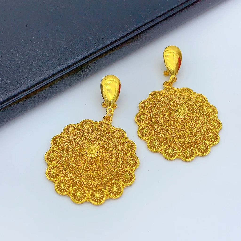 African Dubai 24k Gold Plated Women Ethiopian Indian Bridal Round Necklace Earrings Jewelry Set
