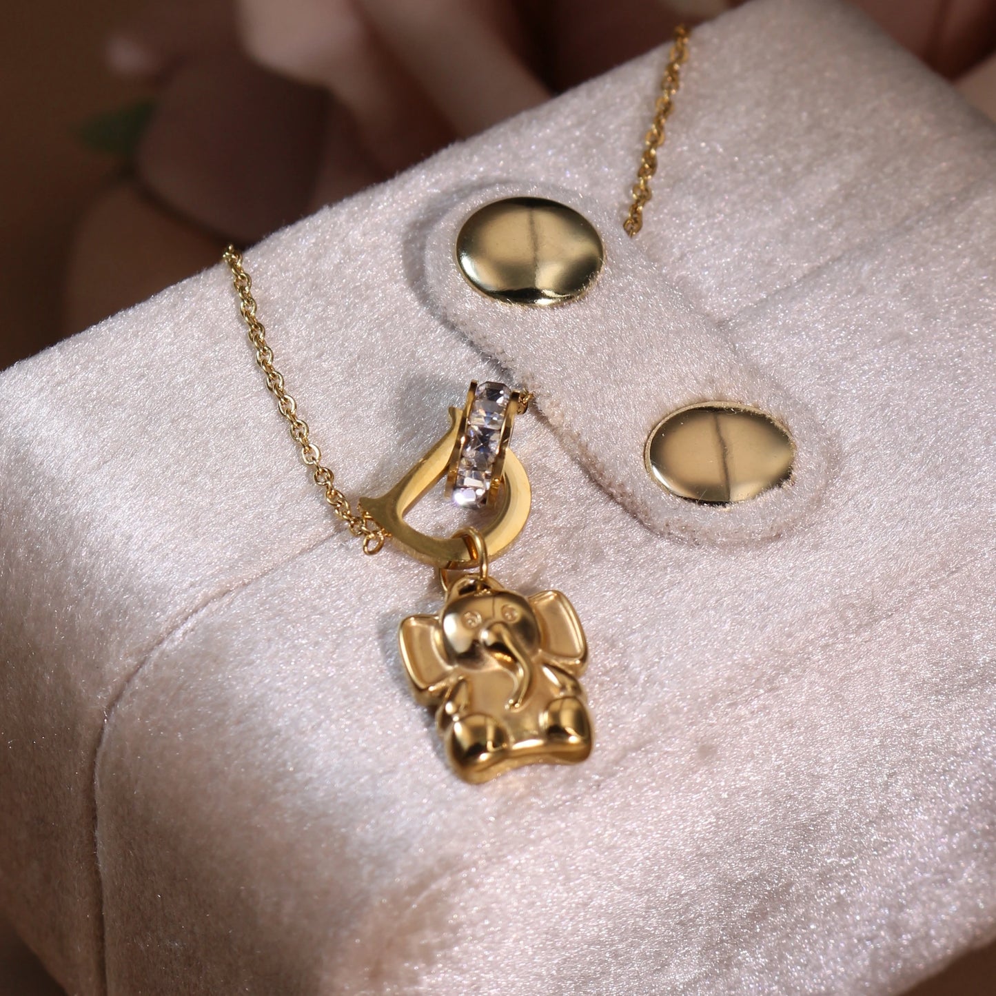 Women Small Elephant Zircon Roman Numeral 18K Gold-Plated Stainless Steel Necklace