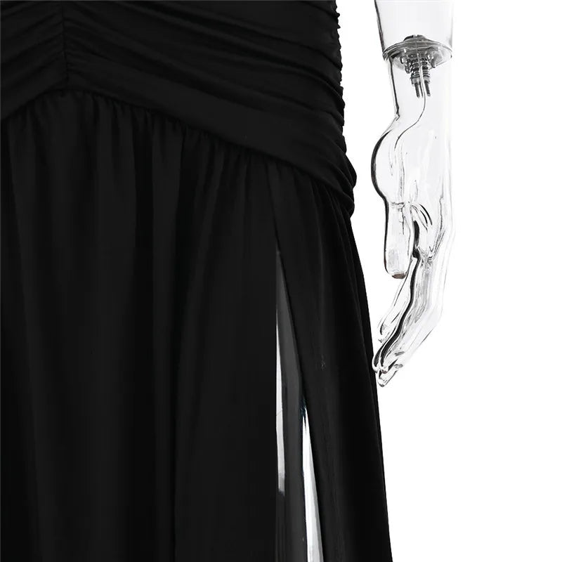 Women Halter Deep V Neck Backless Maxi Fashion Solid Sleeveless Thigh High Split Long Dress