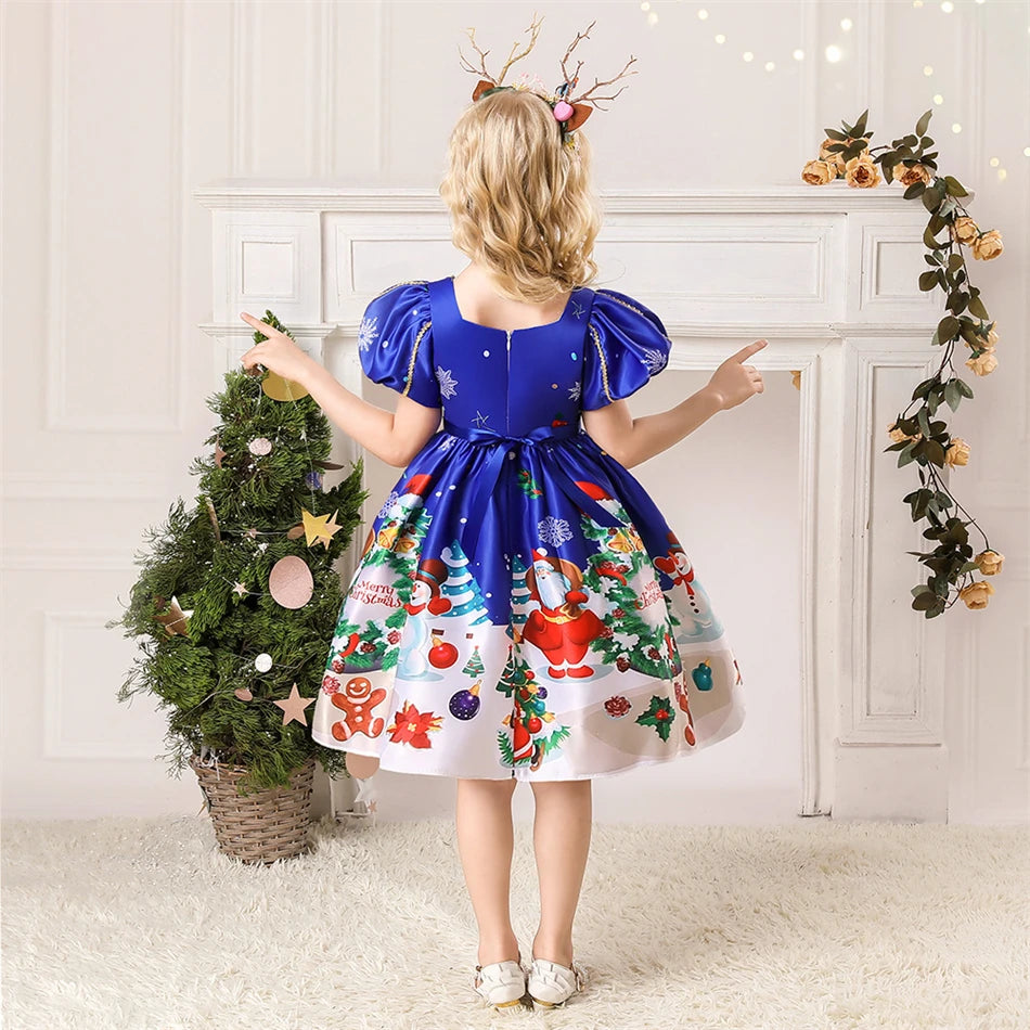 Girls Kids New Year Party Santa Claus Snowman Print Cosplay Costume Xmas Princess Theme Party Dress