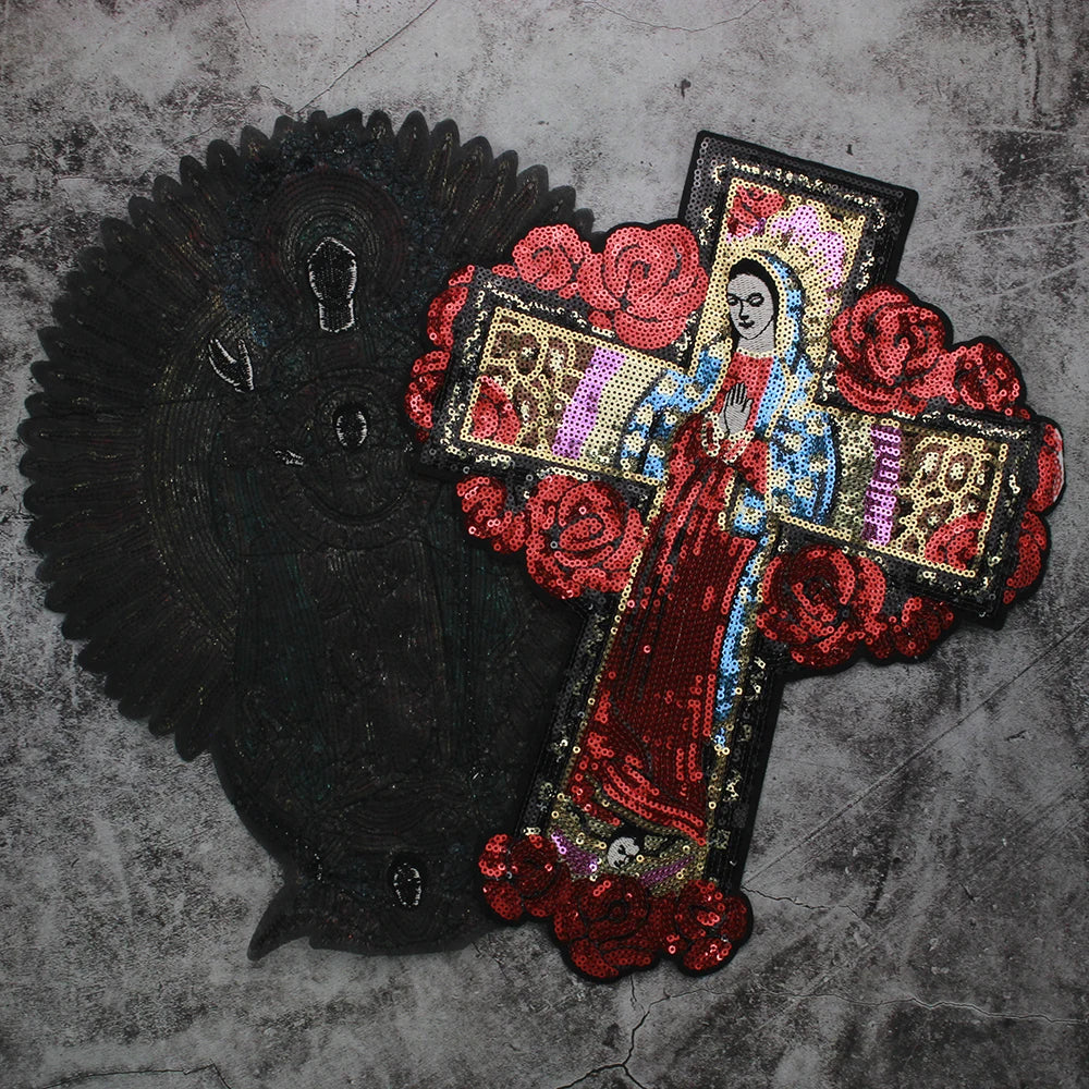 Large Sequins cross rose Blessed Virgin Mary Goddess Embroidery Patches for Clothes DIY sew Stripes Applique