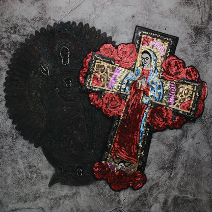Large Sequins cross rose Blessed Virgin Mary Goddess Embroidery Patches for Clothes DIY sew Stripes Applique