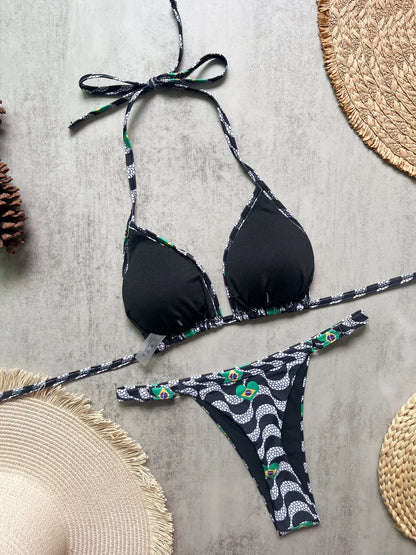 Sexy Women High Cut Wave Printed Halter Bikini Swimsuit Swimwear Two-pieces Bikini Set