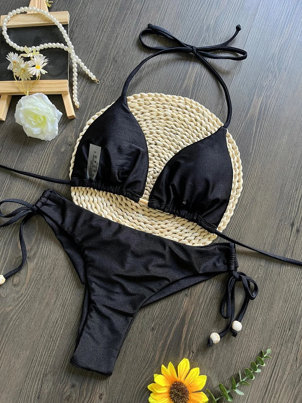 Solid Color Bikini Swimsuit Hanging Neck Rope Split Swimsuit 2-piece Beachwear Suit
