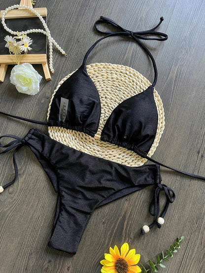 Solid Color Bikini Swimsuit Hanging Neck Rope Split Swimsuit 2-piece Beachwear Suit