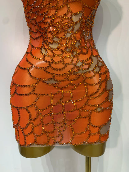 Women Sexy Mesh See Through One Shoulder Rhinestones Nightclub Evening Party Birthday Mini Dress
