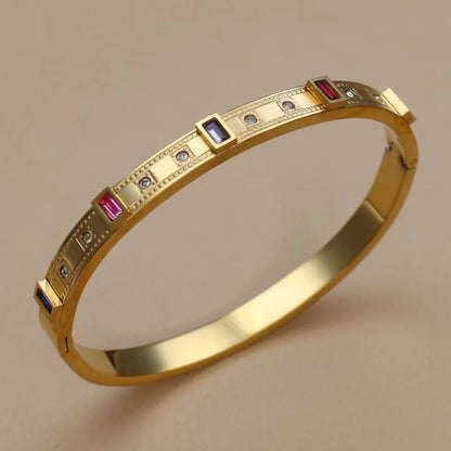 Women's cz Design Inlay Square Small Colored Zircon Stainless Steel Gold Color Bracelet Bangle