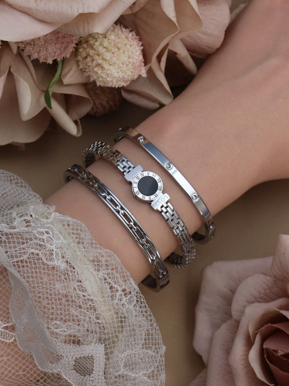 Stainless Steel Zircon Roman Numeral Chain Design Women Bracelet Bangle