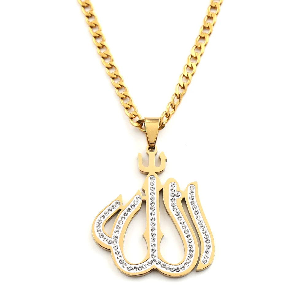 Men Women Stainless Steel Gold Color Muslim Chain Amulet Islamic Arabic Allah Full Rhinestones Pendant Necklace