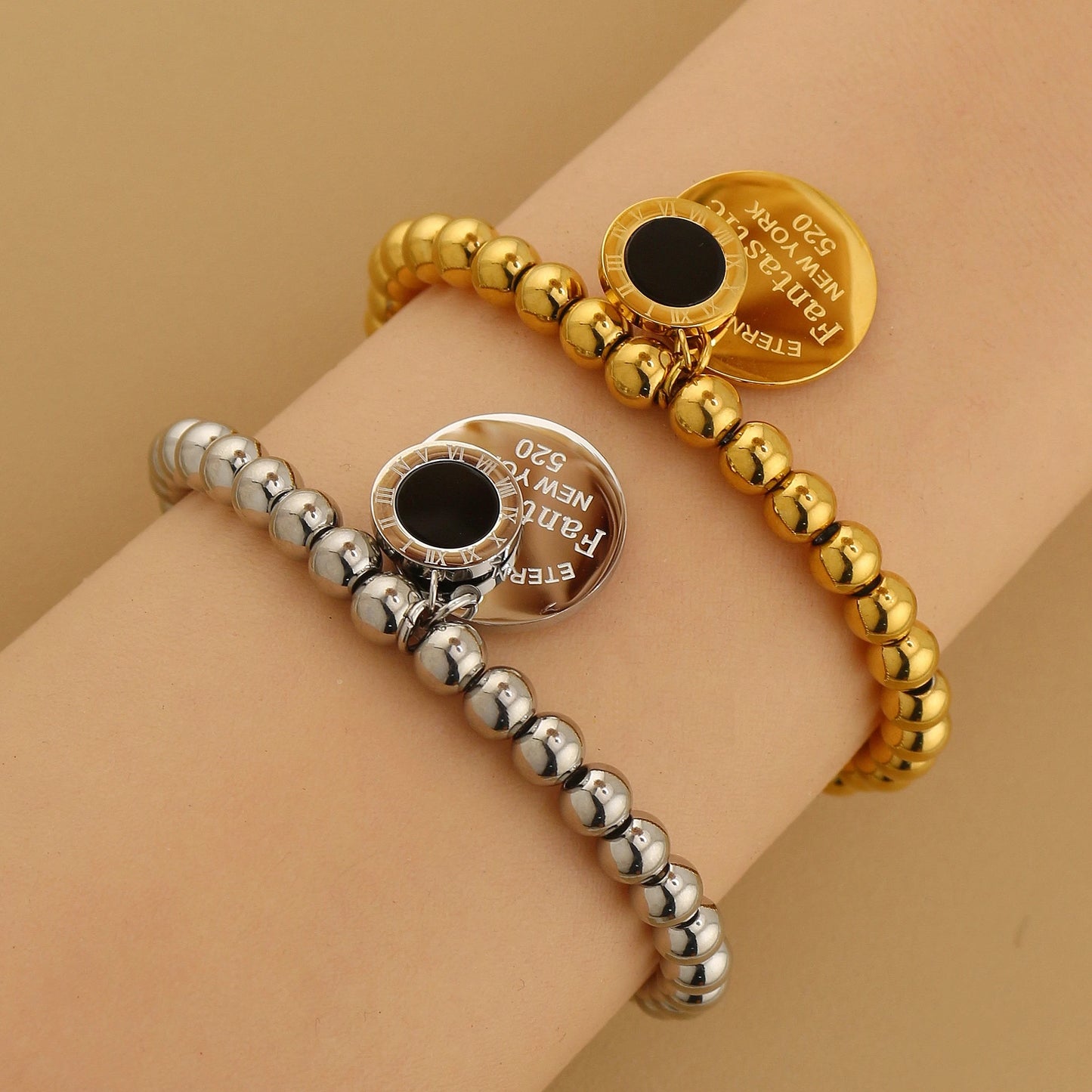 Women Fashion Cutout Medallion Pendant Elastic Rope Stainless Steel Bead Chain Bracelet
