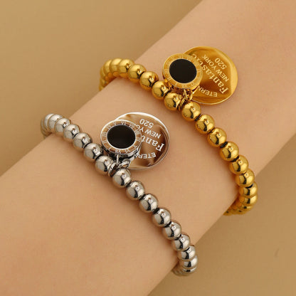 Women Fashion Cutout Medallion Pendant Elastic Rope Stainless Steel Bead Chain Bracelet