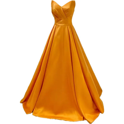Women Strapless Simple Satin A Line Evening Party Formal Gown Corset Pleat Sweetheart Long Prom Dress w/Pocket
