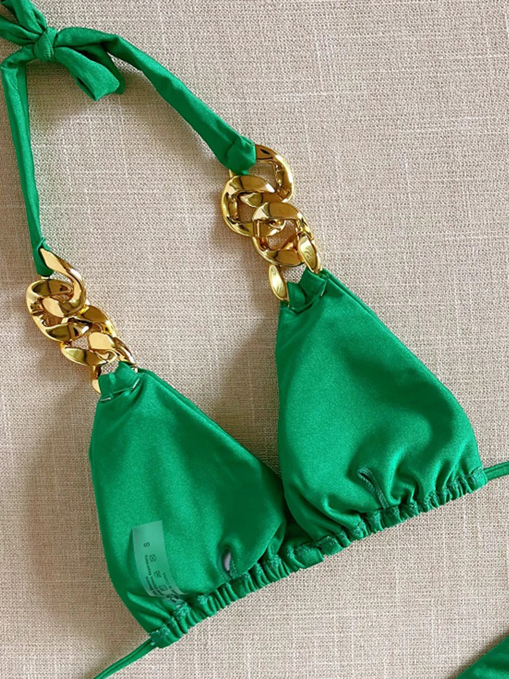 Sexy Triangle Solid Color Chain Decor Split Bikini Beachwear Brazilian Swimwear Bathing Suit