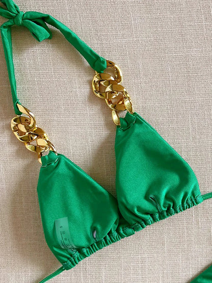 Sexy Triangle Solid Color Chain Decor Split Bikini Beachwear Brazilian Swimwear Bathing Suit