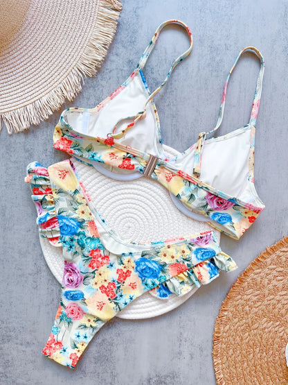 Women Flowers Printed Brazilian Underwired Bikini Swimsuit Swimwear Two-pieces Bather Bathing Suit