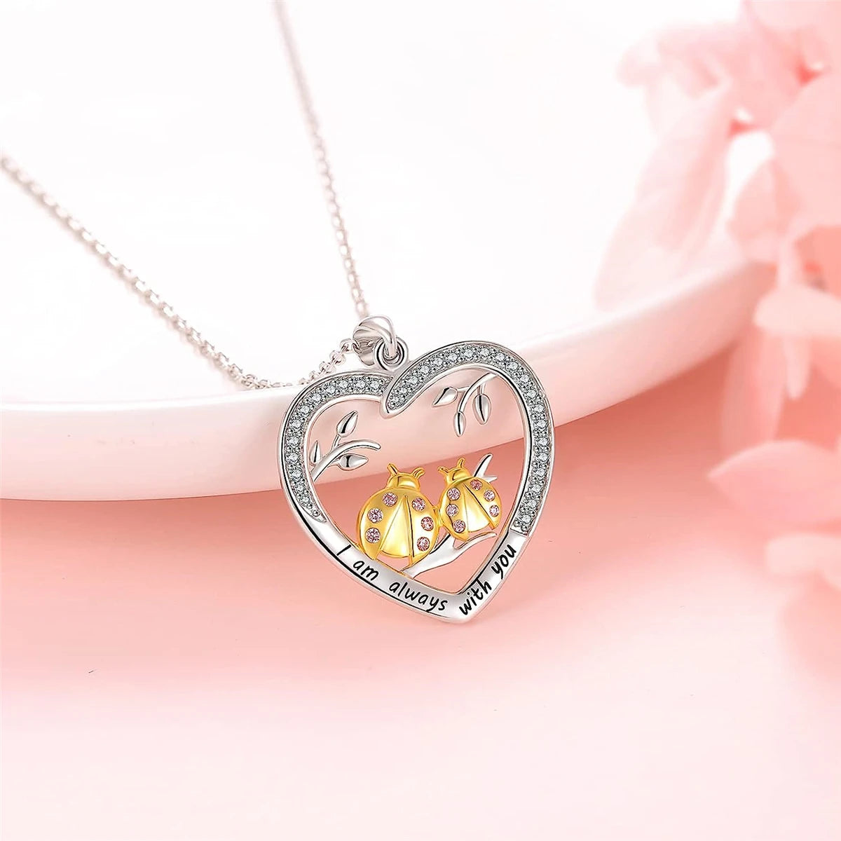 Creative Heart Shape Two-Color Couple Ladybug Charm Pendant Necklace