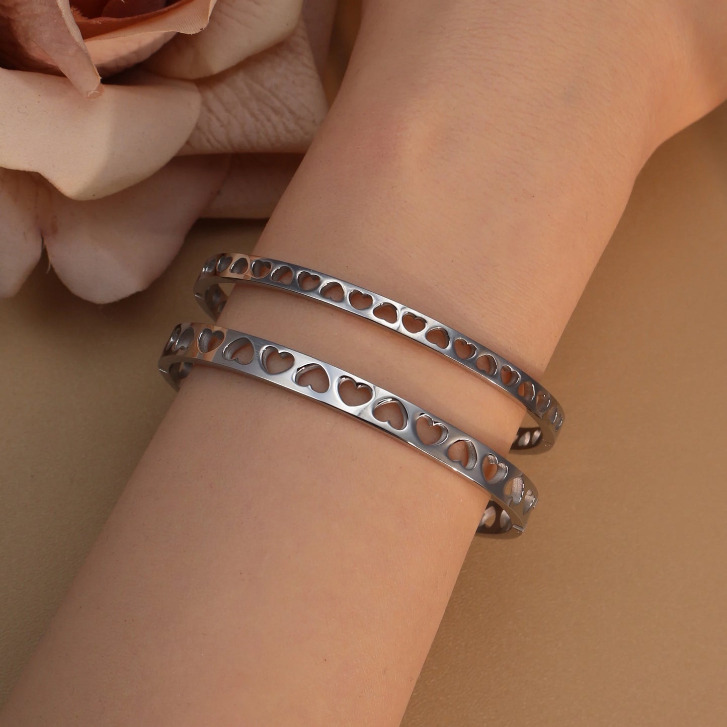 18K Gold-Plated LOVE Stainless Steel Zircon Openwork Bangle Bracelet Women's Jewelry