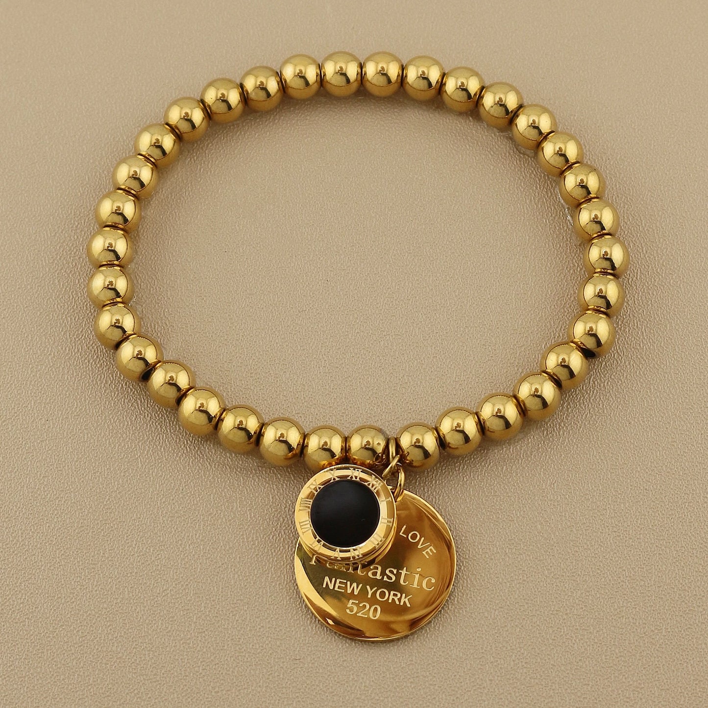 Women Fashion Cutout Medallion Pendant Elastic Rope Stainless Steel Bead Chain Bracelet