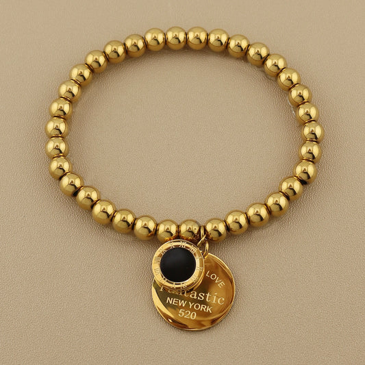 Women Fashion Cutout Medallion Pendant Elastic Rope Stainless Steel Bead Chain Bracelet